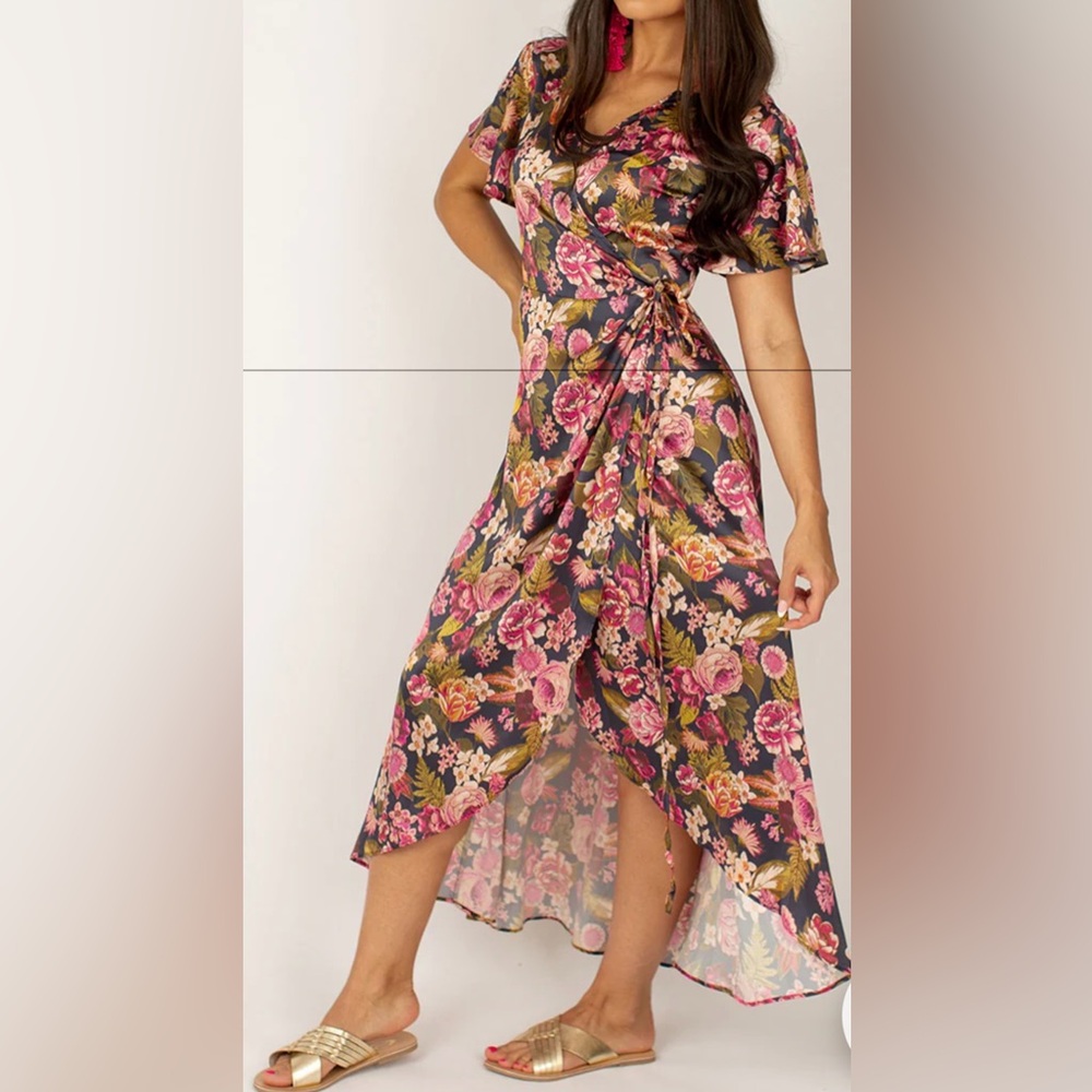 Joyfolie GIULIA WRAP SILK DRESS IN NAVY/PINK FLORAL. Large 12/14. Wedding Easter